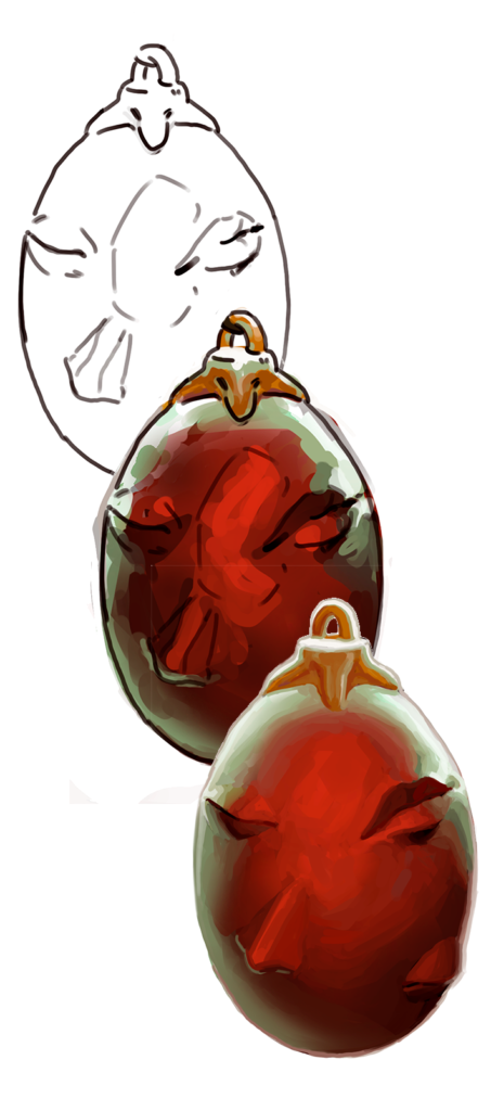 Estudos do Behelit explorando silhueta, volume e materialidade. O processo parte de um esboço livre e evolui para a pintura digital renderizada que compõe o pôster final.