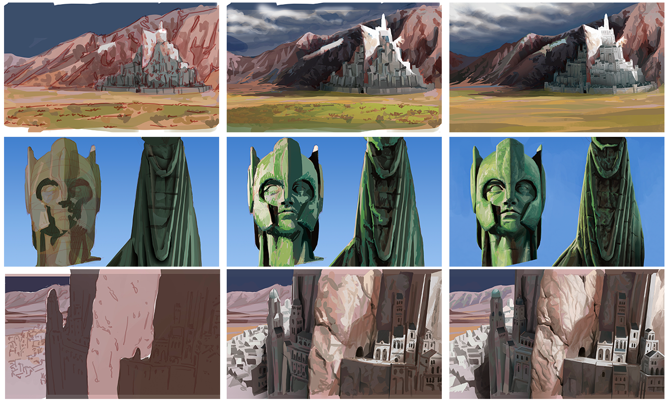 Imagem utilizada para demonstrar o desenvolvimento visual dos cenários, da fase inicial até a pintura final.