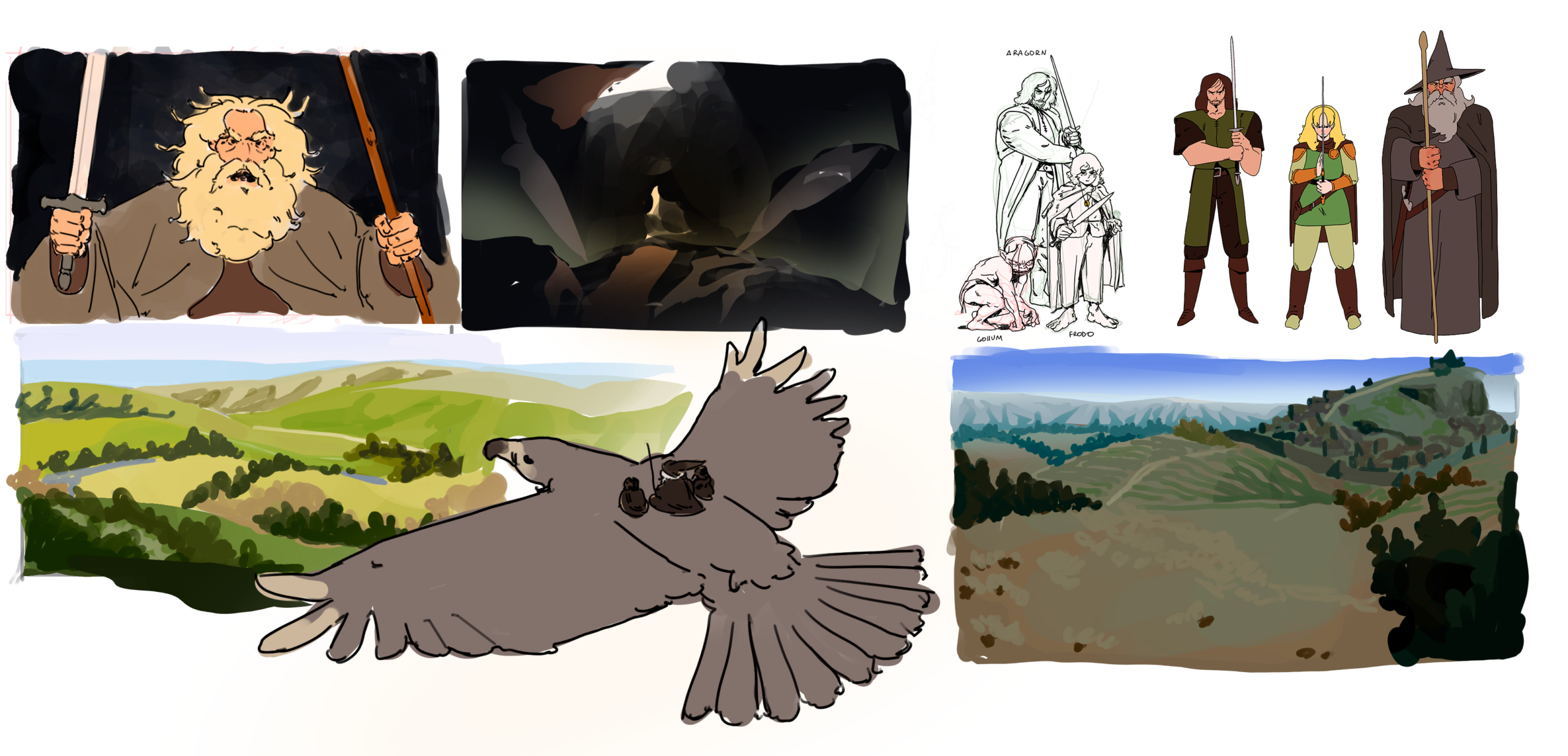 Imagem da prancha inicial do projeto, apresentando estudos visuais, composições, personagens e referências utilizadas na fase de exploração criativa e conceitual da animação.